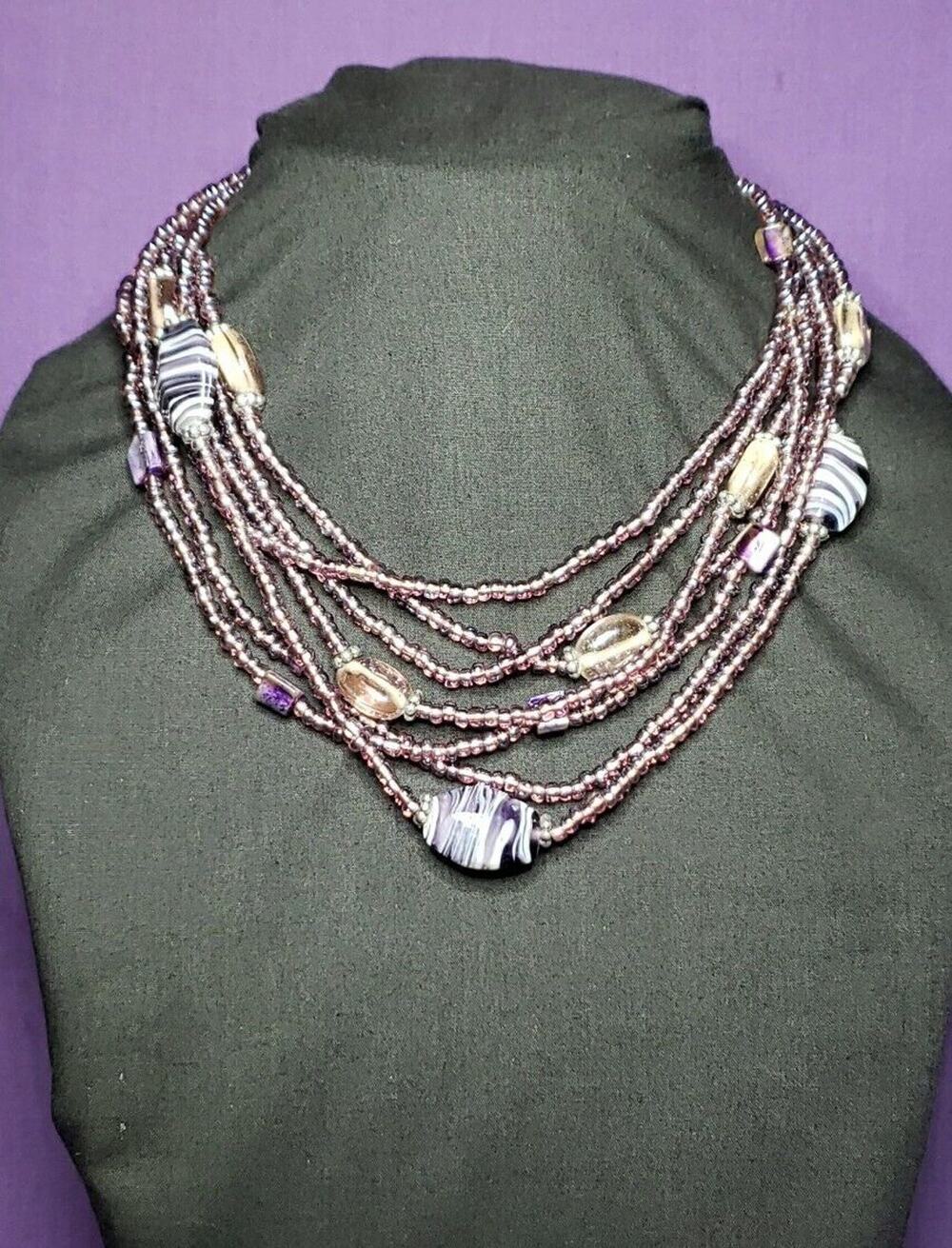 Multilayered Purple Glass Beaded Necklace, Seed Beads, Swirled Art Glass, Shell